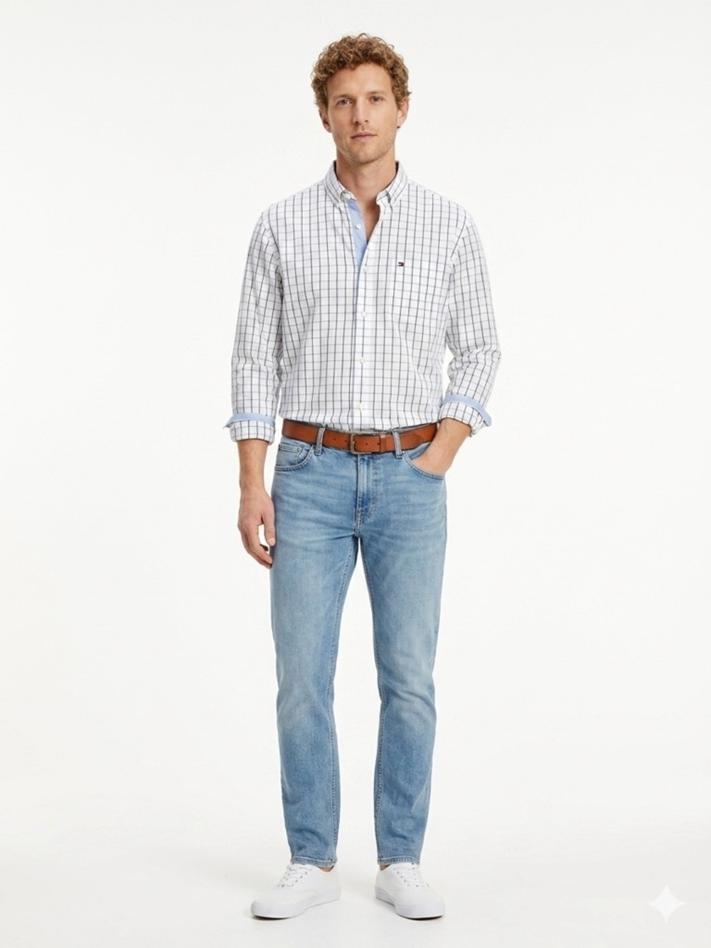 Tommy Hilfiger Button Down Shirt XXL White Blue Grid Plaid Long Sleeve